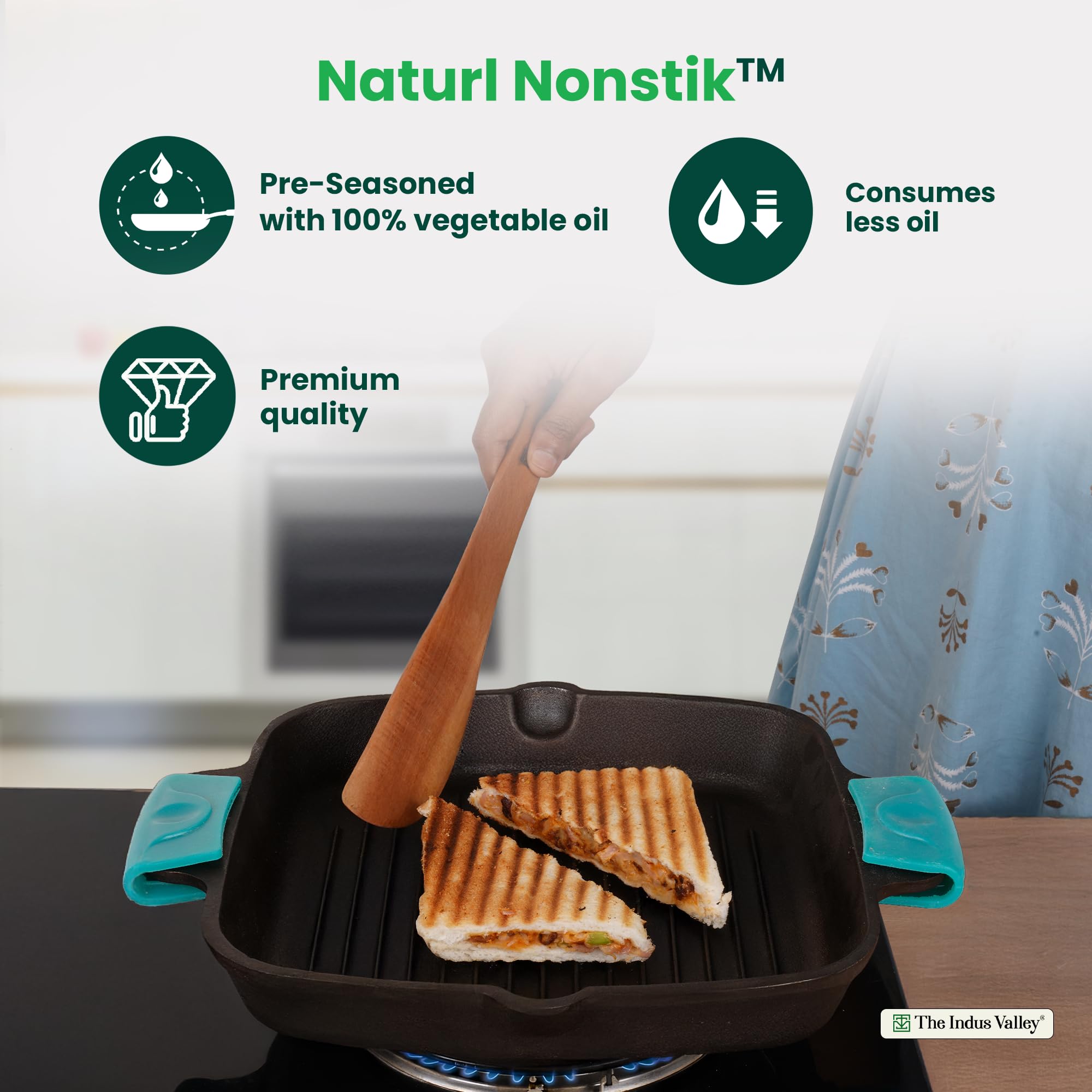 The Indus Valley Pre-Seasoned Cast Iron Square Griddle Pan with Double Handle|Medium, 27.2 Cm/10.7 Inch, 4.1Kg|Gas Compatible|100% Pure & Toxin-Free, No Chemical Coating, Black 4
