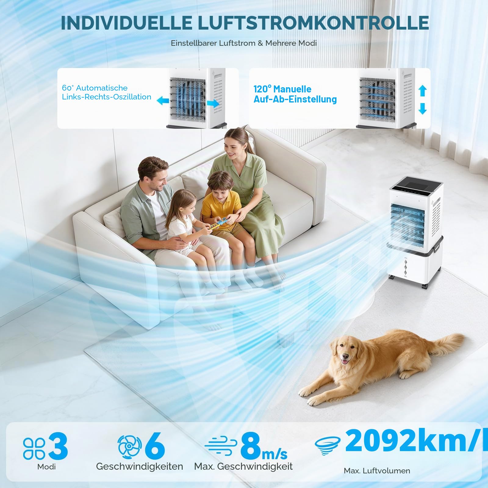 Mobile Klimaanlage, Luftkühler 12L Mobiles Klimagerät ohne Abluftschlauch, Verdunstungskühler mit Fernbedienung, 6 Stufen, 24H Timer, 40 dB Leise, Portable Air Conditioner Räume Büro Schlafzimmer