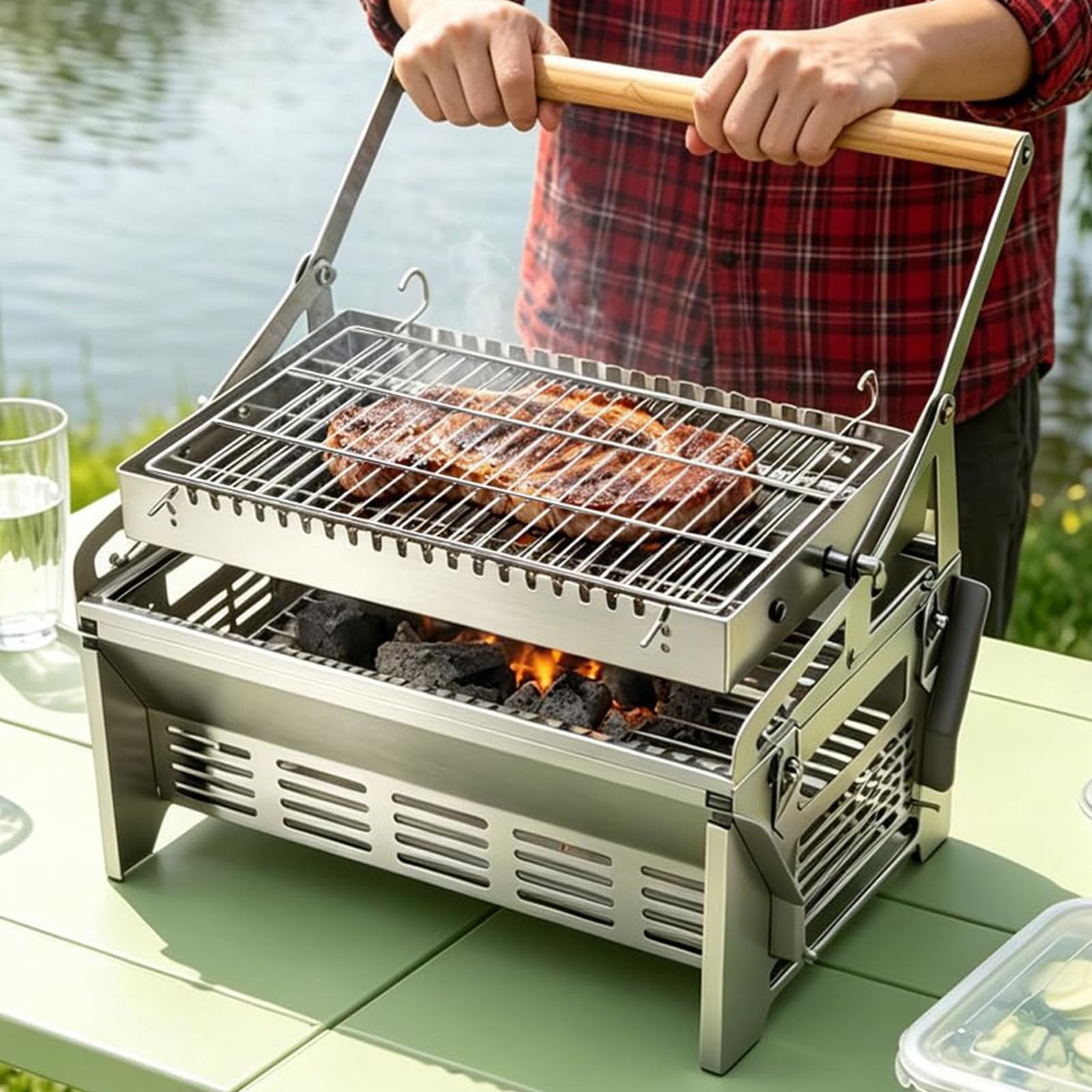 Przenośny Hybrydowy Grill Gazowo-Węglowy | Z Regulowaną Tacą I Składanym Koszem, Idealny Na Imprezy W Ogrodzie I Nocne Wyprawy Kempingowe Na łonie Natury