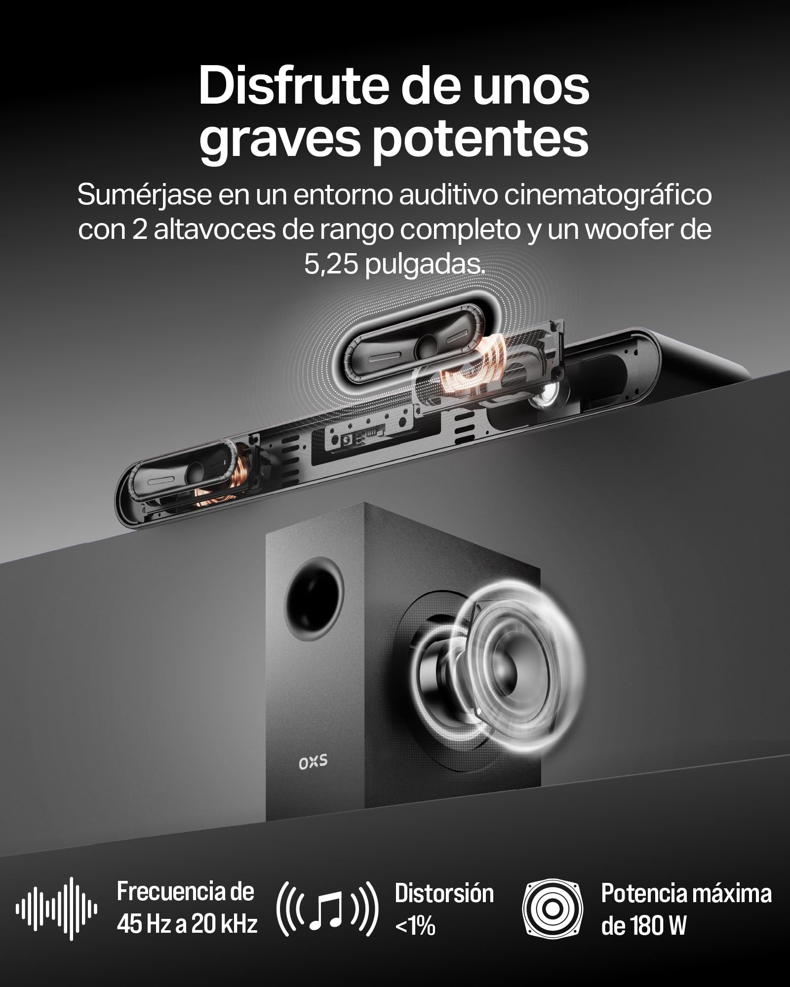 OXS S21 Barra de Sonido, 2.1 con subwoofer, Sonido Preciso con Graves Profundos, 180 W, 3 Modos de Ecualización, Ideal para Películas, Música y Juegos, Diseño Ultra Compacto, Fácil instalación