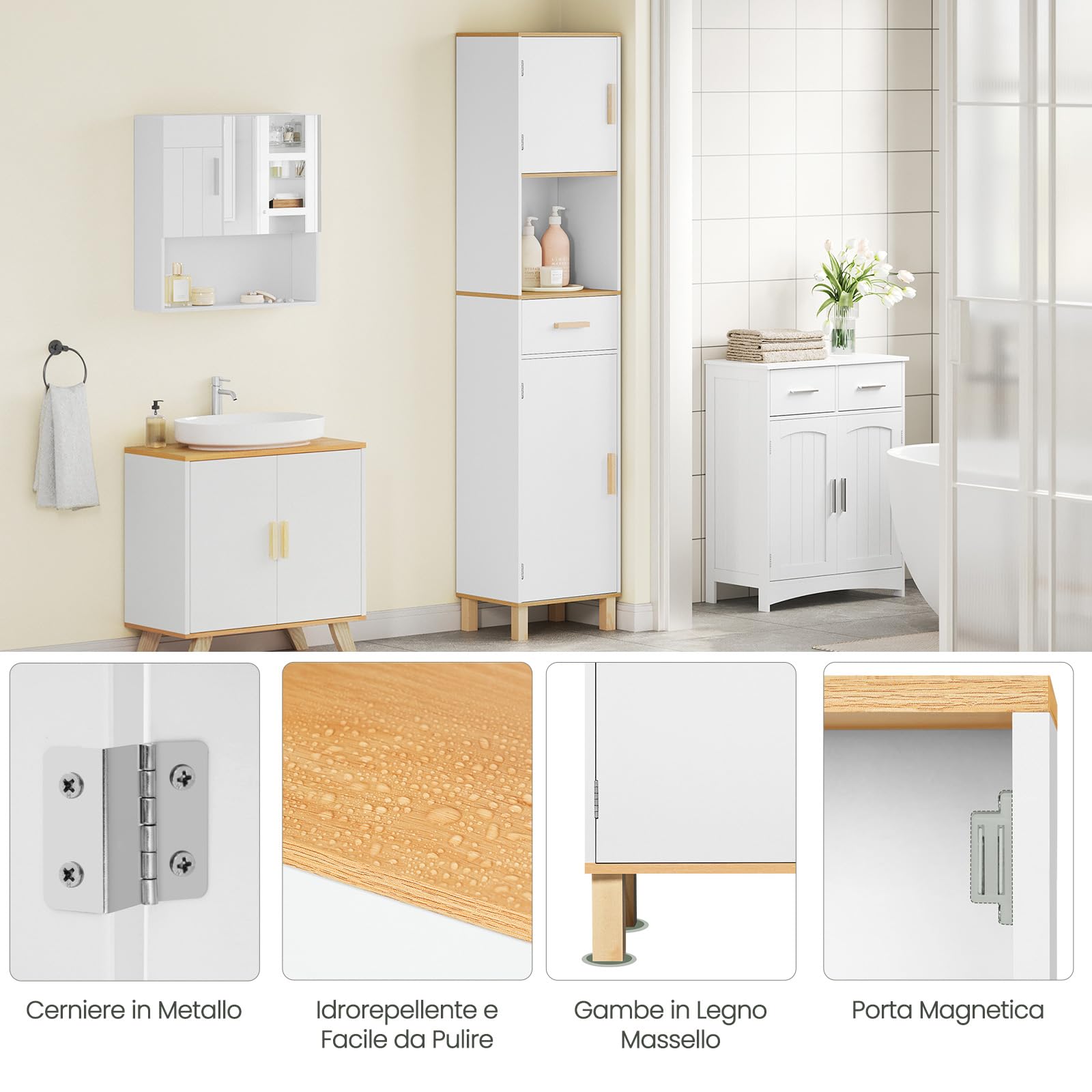 EUGAD Mobile da Bagno Alto e Stretto, Armadio a Colonna da Bagno Salvaspazio in Legno MDF Mobiletto, Mobile Multiuso con 2 Ante, 1 Cassetto e 1 Vano Aperto, Bianco, 40x30x180cm