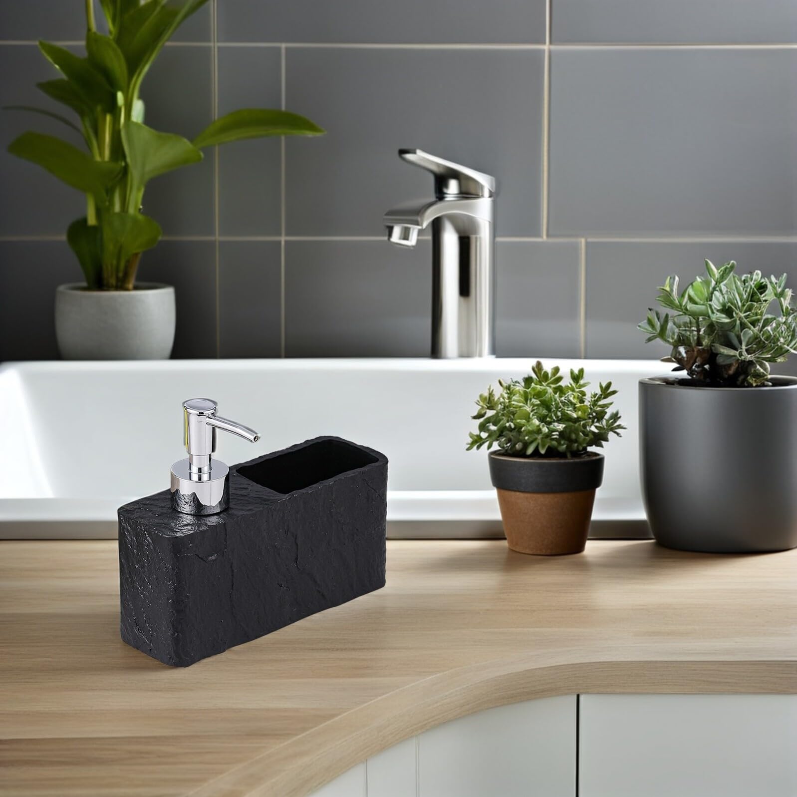 Cabilock Dispensador de Jabón de Cocina Rellenable con Soporte para Esponja para Encimera de Baño Dispensador de Jabón de Manos de Resina con Textura de Roca para Lavavajillas