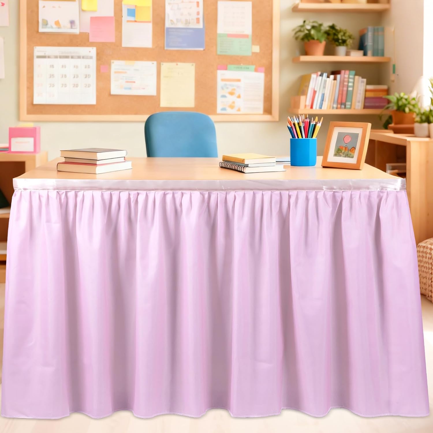 9 Ft Pastel Table Skirt Cloths for Teacher Desk Back to School Classroom Decor Wrinkle Resistant Pleated Ruffle Table Cover Skirt for Kindergarten Preschool Office Birthday Party Supplies (Style 5)