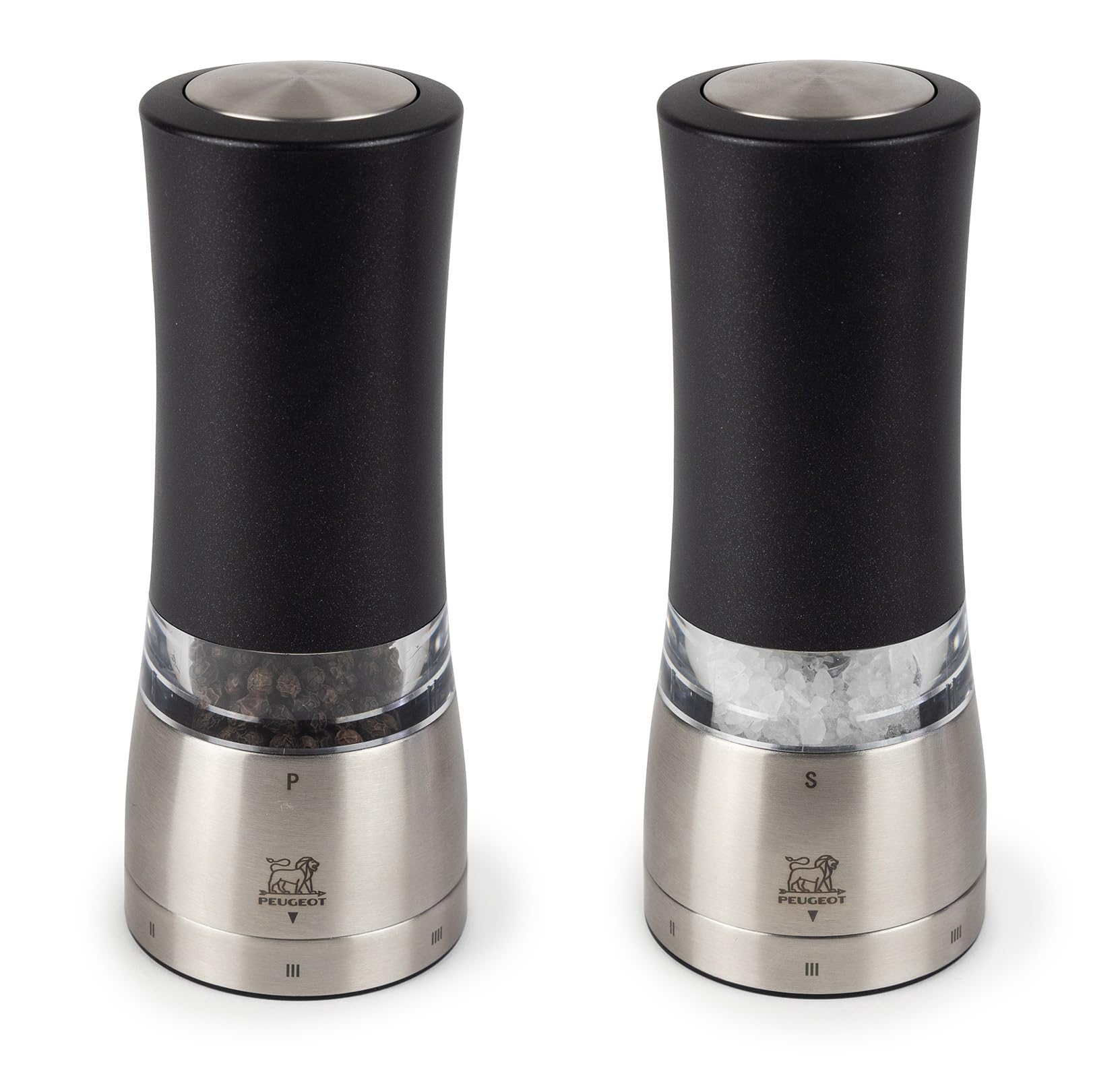 PEUGEOT Daman u'Select Zilrion Duo - Molinillo de pimienta eléctrico + sal de 16 cm, 6 ajustes de molienda preestablecidos, grano de pimienta/sal de piedra incluidos, aluminio, diseñado en Francia