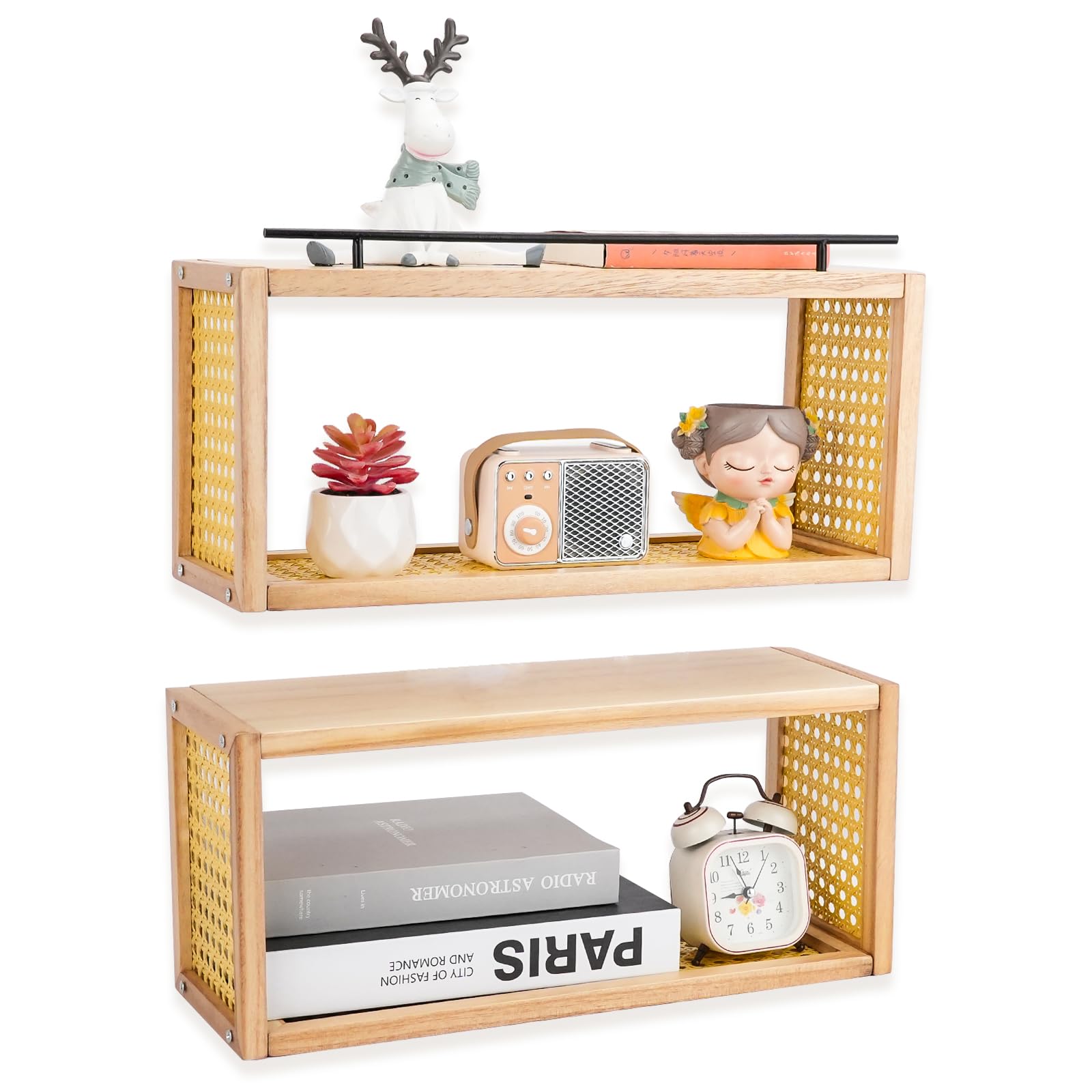 Rattan Wall Shelf Set of 2, Nursery Floating Wicker Shelves, Boho Decorative Wood Hanging Bookshelf for Bathroom, Living Room, Kitchen, Home Decor