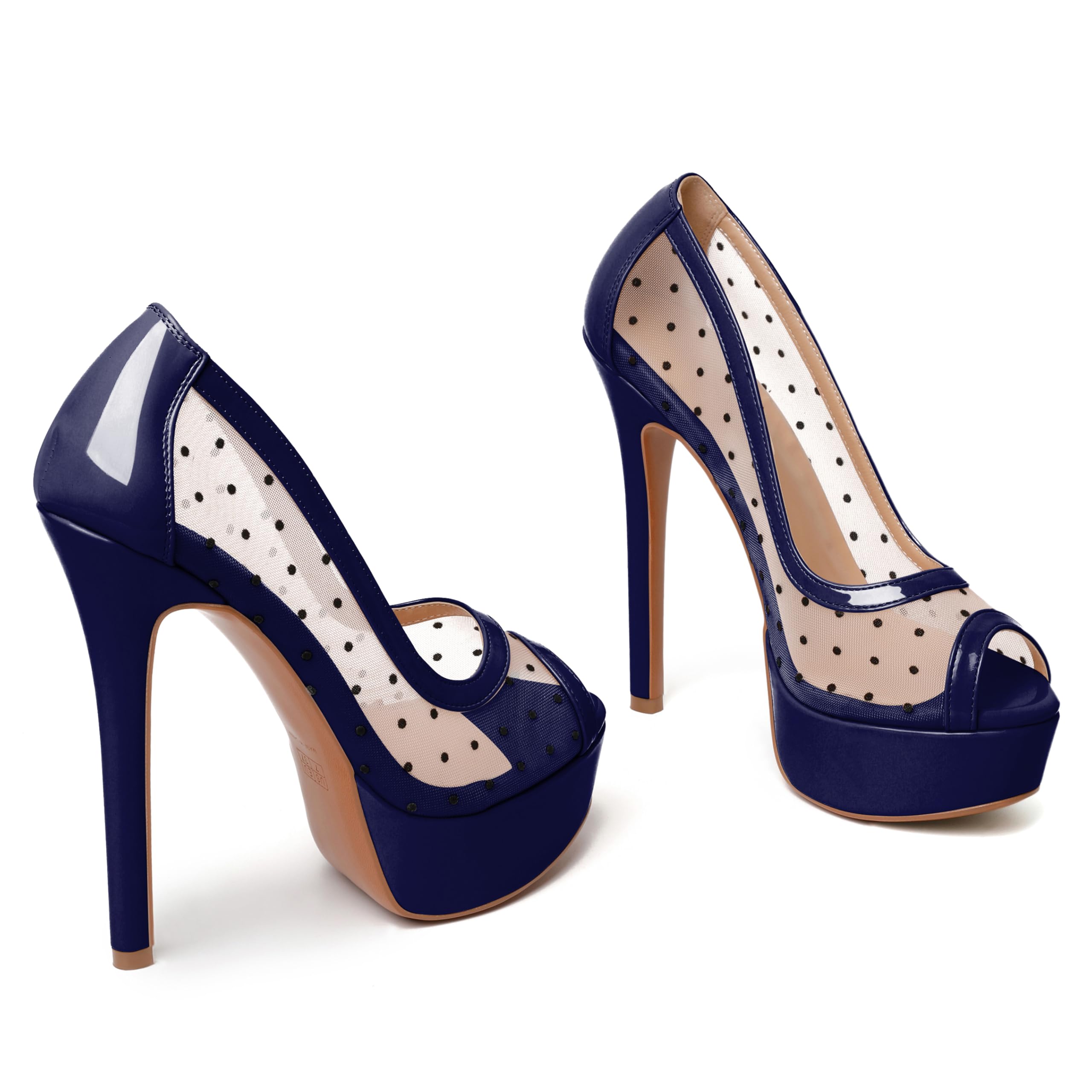 AUMOTED Women's Peep Toe High Heel Platform Stiletto Pumps Slip On Patent Mesh Polka Dot Heels 5.5" Party Wedding Dress Shoes: 6.5 Navy