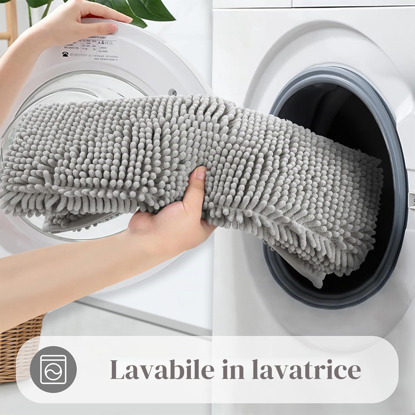 Enyhom Tappetini da bagno in ciniglia, 3 pezzi, ultra assorbenti, antiscivolo, lavabili in lavatrice, morbidi, a pelo lungo, per doccia (grigio chiaro, 45 x 65 + 50 x 80 + U50 x 60 cm)