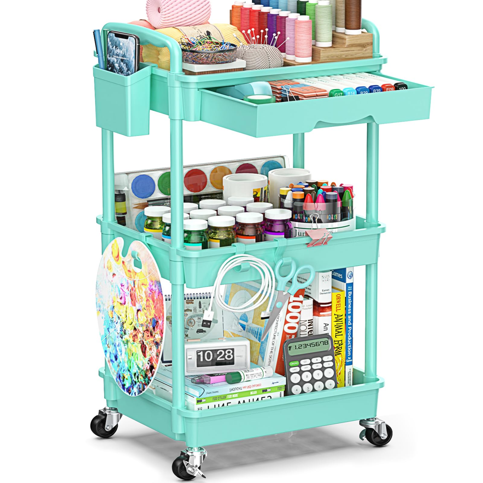 3-Tier Rolling Cart with Drawer & Lockable Wheels, Bathroom Storage Organizer Multifunctional Rolling Storage Cart for Bathroom, Kitchen, Office, Craft, Makeup, Baby Essentials, Blue
