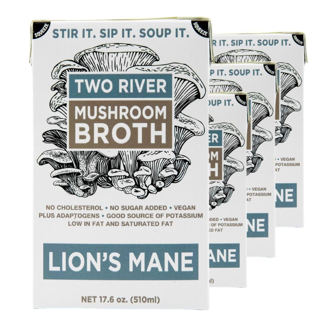 Two River Lion's Mane Mushroom Broth made with organic Lion's Mane and Shiitake Mushrooms, vegan plus adaptogens, perfect for sipping and souping, 510ml, 4ct (Pack of 4)