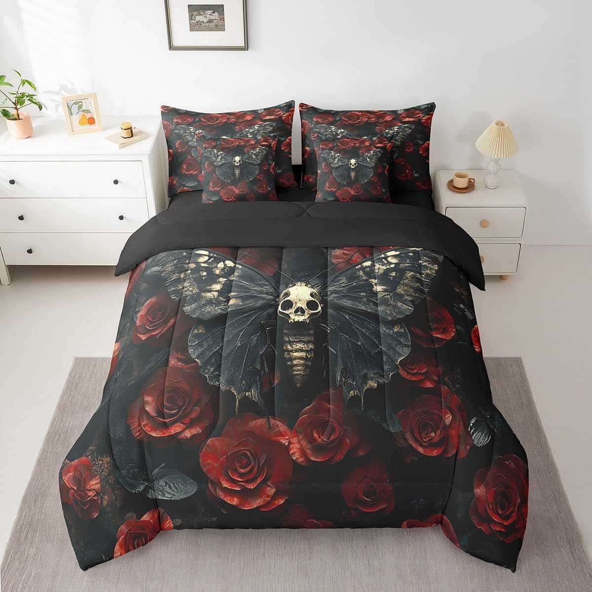 Erosebridal Moth Bed in A Bag Gothic Skull Floral Twin Comforter Set,Extoic Boho Decor 7 Pieces Bedding Set Red Rose for Gilrs Women Lover Sheet Set