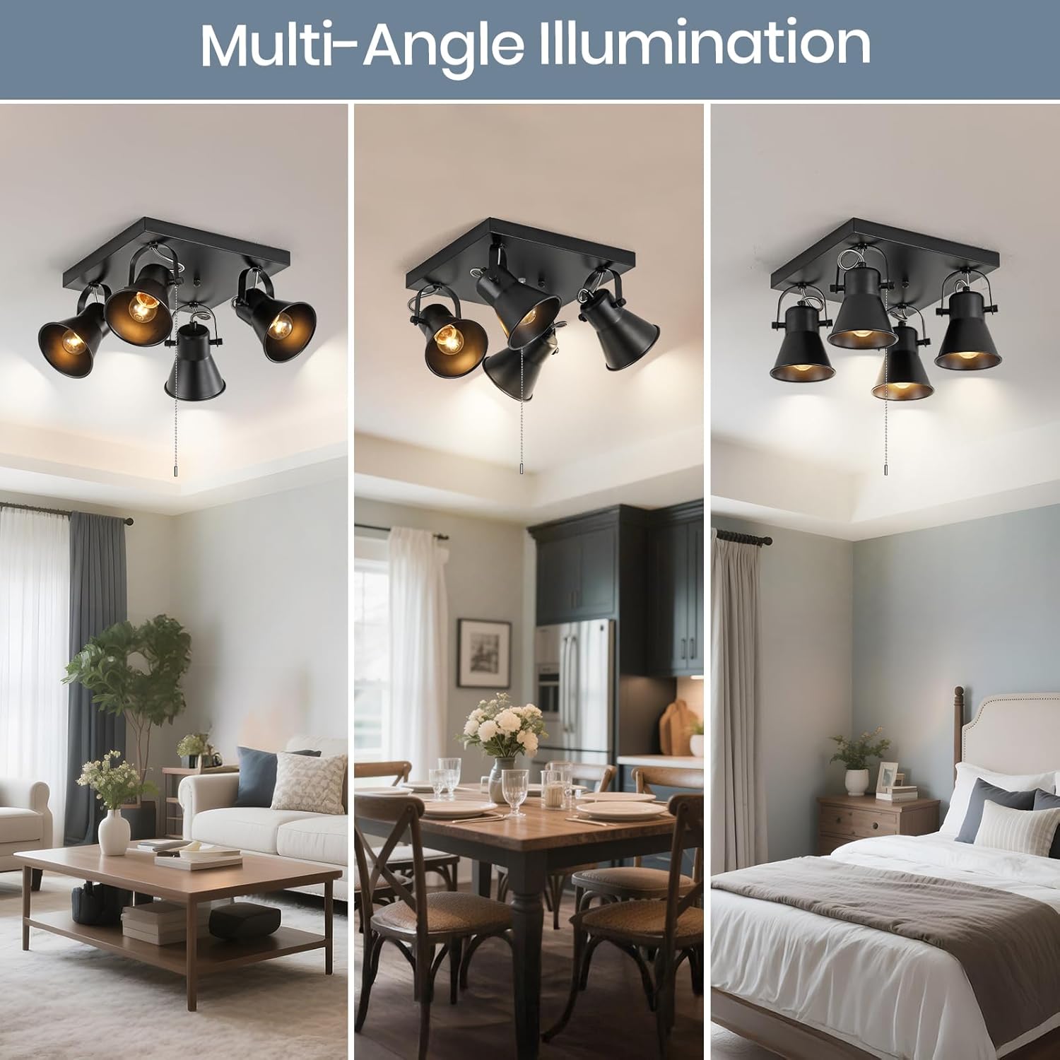 KEESFU 4-Light Square Ceiling Light Fixture with Pull Chain Switch, Black Adjustable Track Lighting,Flush Mount Directional Ceiling Lamp for Foyer Living Room Bedroom Kitchen Dining Area