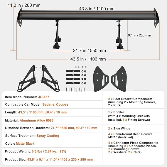 GT Wing Car Spoiler 43.3 Inch Universal Spoiler With Single Deck Adjustable Lightweight Aluminum Car Rear Spoiler Wing(Long)