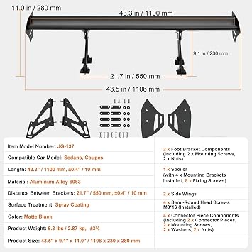 GT Wing Car Spoiler 43.3 Inch Universal Spoiler With Single Deck Adjustable Lightweight Aluminum Car Rear Spoiler Wing(Long)