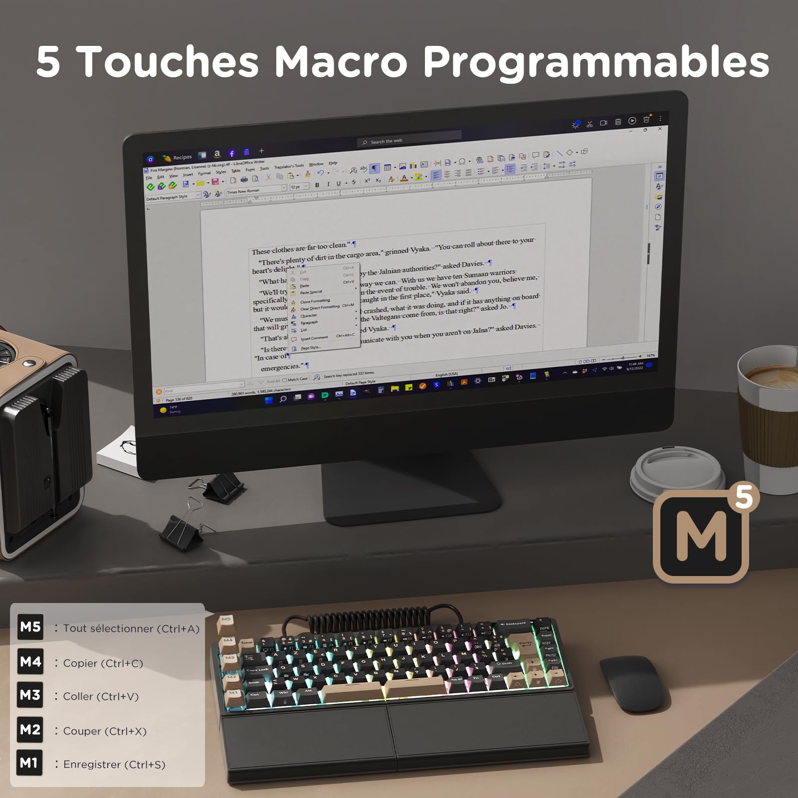 RK ROYAL KLUDGE S70 Clavier Mécanique AZERTY Compact 75%, Clavier Gamer sans Fil, Ergonomique Split Keyboard avec Repose-Poignets Intégré, RVB, Bluetooth/2.4G/Filaire, Hot-Swap Creamy Switch
