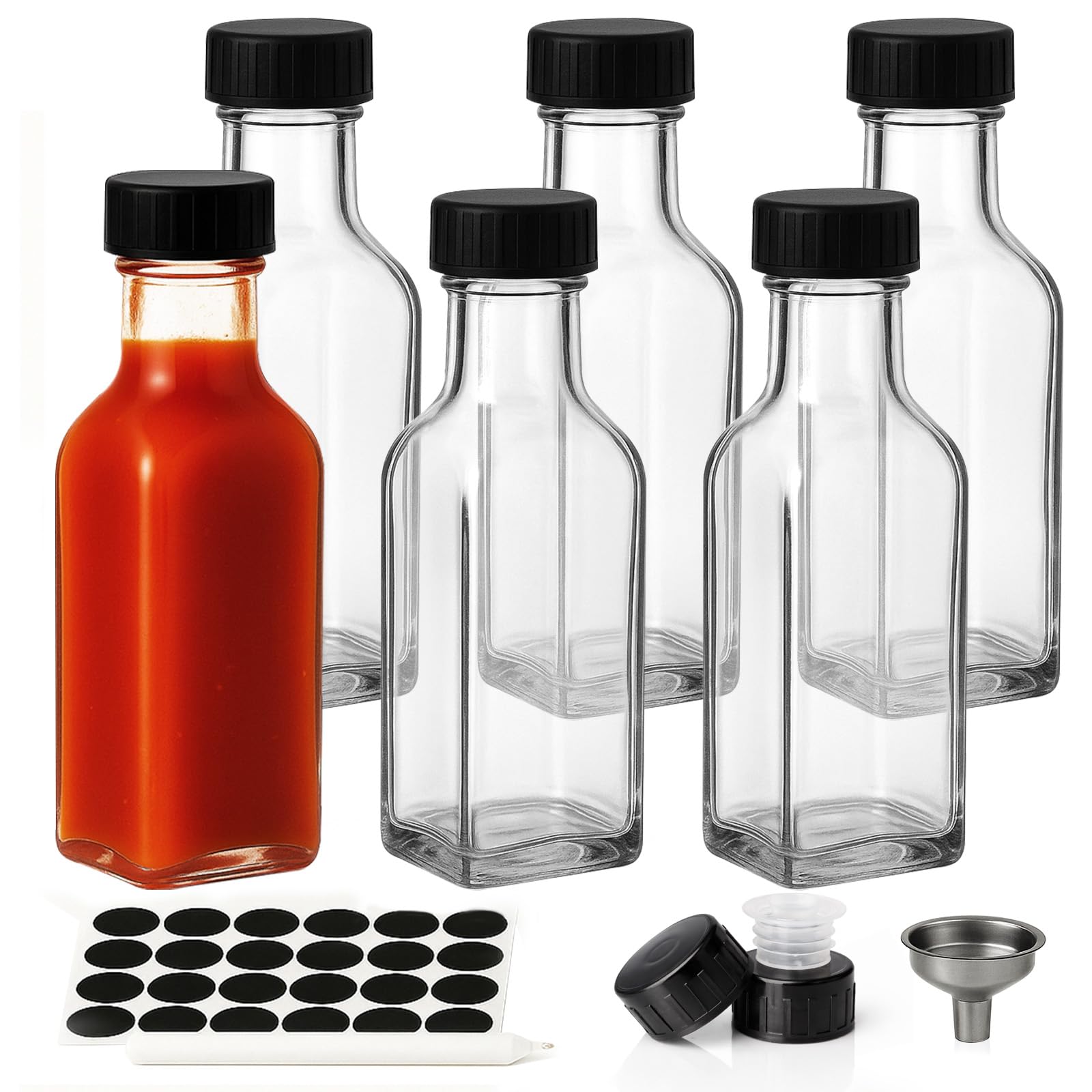 WERTIOO 150ml/5oz Glass Hot Sauce Bottle, 6 pcs Square Condiment Bottles with Leak Proof Screw Caps&Funnel,Small Glass Bottles for Hot Sauces,Oil,Liquor,Home Brewing Wine,Salad Dressings