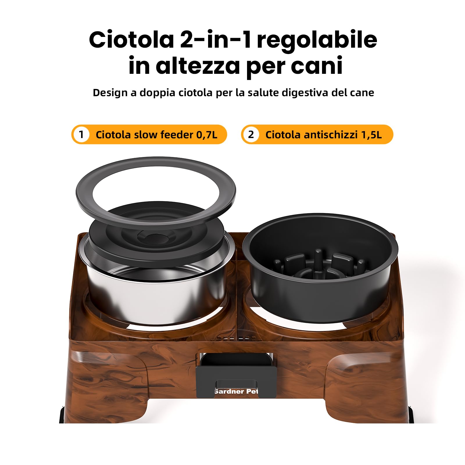 Gardner Pet Set di 2 Ciotole Rialzate per Cani, Regolabili in 5 Altezze, con Ciotola Anti-Ingozzamento e Ciotola Acqua Inox, Supporto Antiscivolo e Antischizzo, per Tutte le Taglie, Colore Legno
