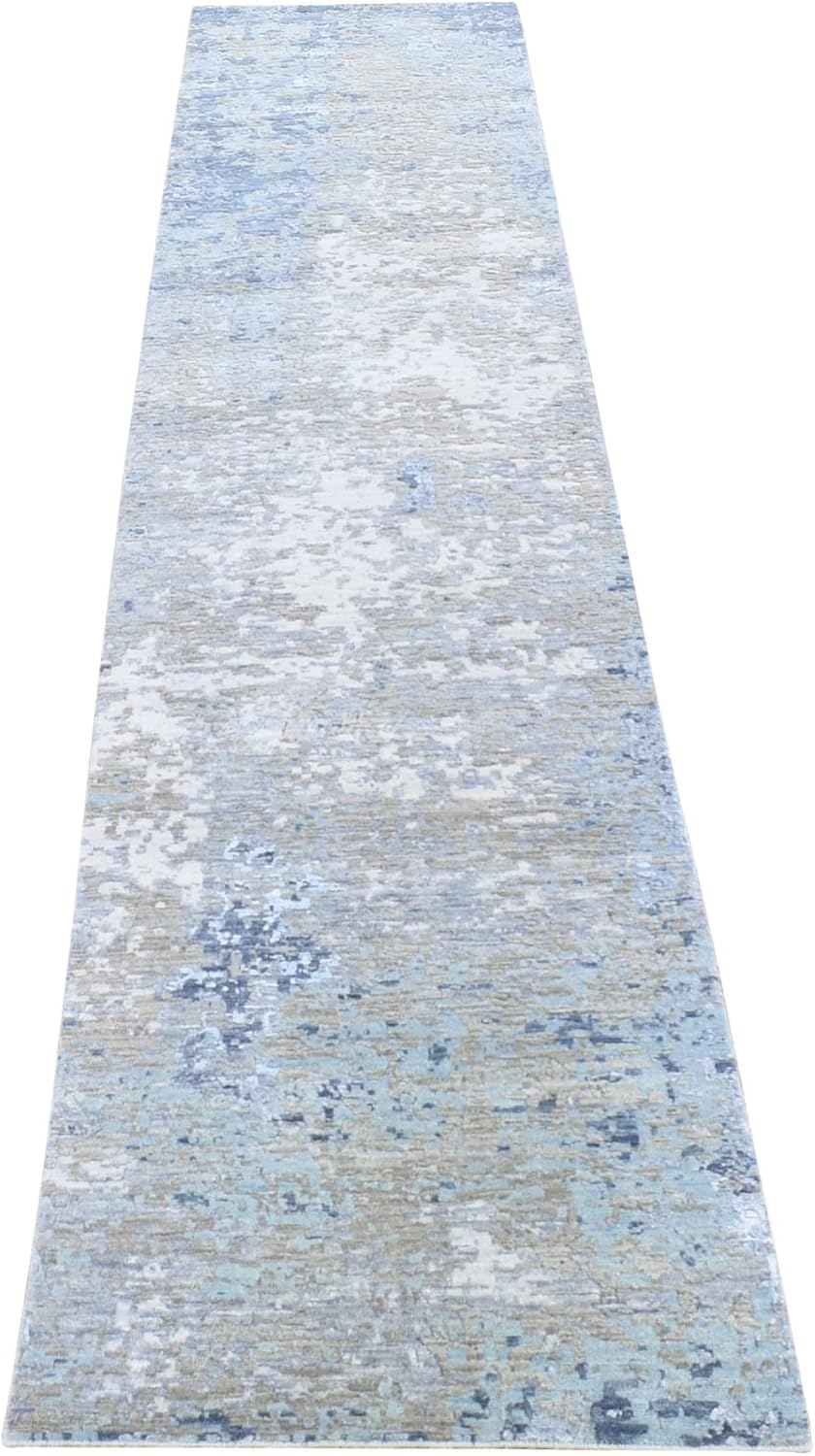 Gray Pure Wool Modern Abstract Design Denser Weave Hand Knotted Runner Oriental Rug (2'6"x11'10")