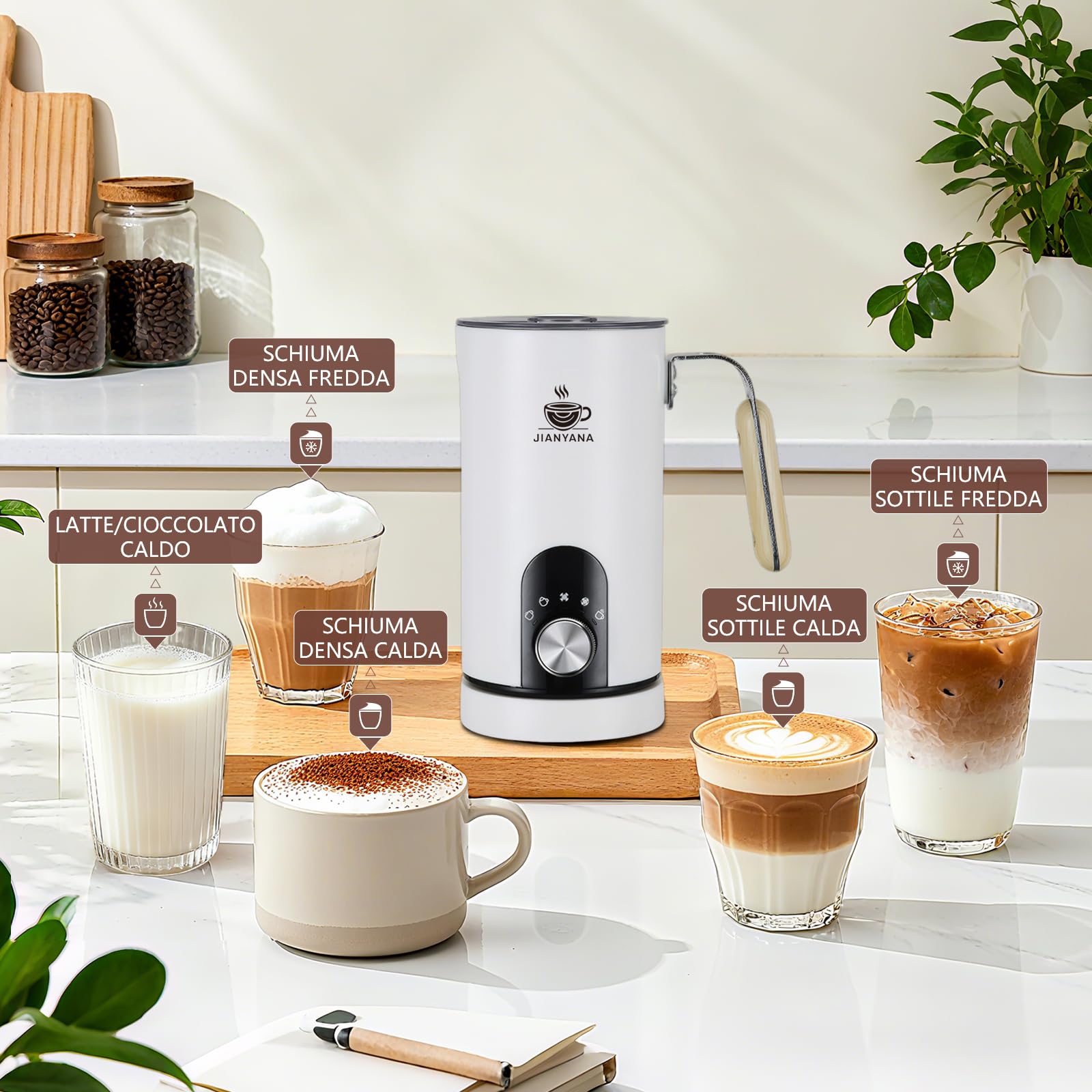 Jianyana Montalatte elettrico 5 in 1 – Montalatte automatico 350 ml grande capacità (bianco)