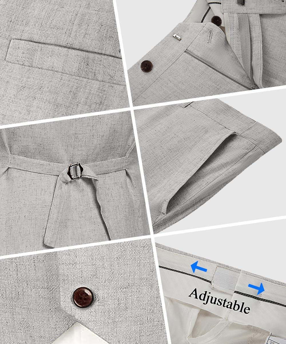 WOMS Mens Linen Suit 2 Piece Casual Summer Suits for Men Groomsmen Beach Wedding Party Vest Pants Suit