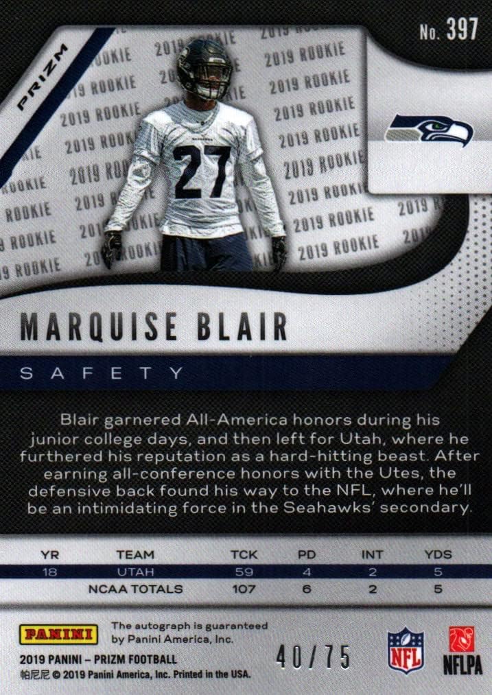 Marquise Blair Panini Green Prizm Autographed Rookie Card Collectible Football Card - 2019 Panini Green Scope Prizm Draft Picks Rookie Football Card #397 (Seahawks) Free Shipping