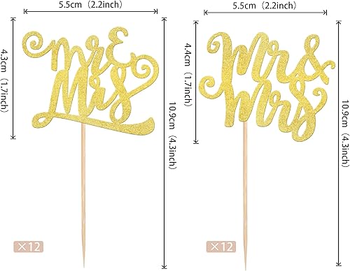 Miniatura 2 de Rsstarxi Paquete de 24 adornos para cupcakes de Mr & Mrs con purpurina dorada para boda, compromiso, despedida de soltera, fiesta de cumpleaños,
