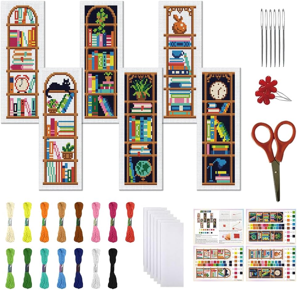 FREEBLOSS 6 Set Cross Stitch Bookmark Kits 11CT Bookshelves Pattern Stamped Cross Stitch Kit for Beginners with Instructions Embroidery Bookmark Making Kit for Adults 8x2.4inch