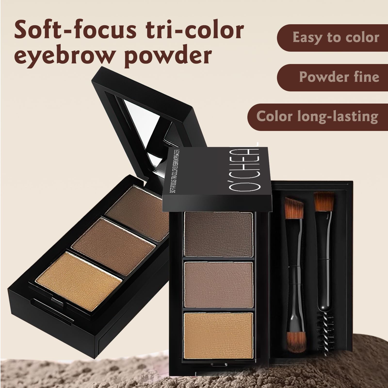 O'CHEAL 3Color Eyebrow Powder Black Brown Lift Eyebrow Professional Waterproof Cosmetic Eye Shadow Palette with Brush