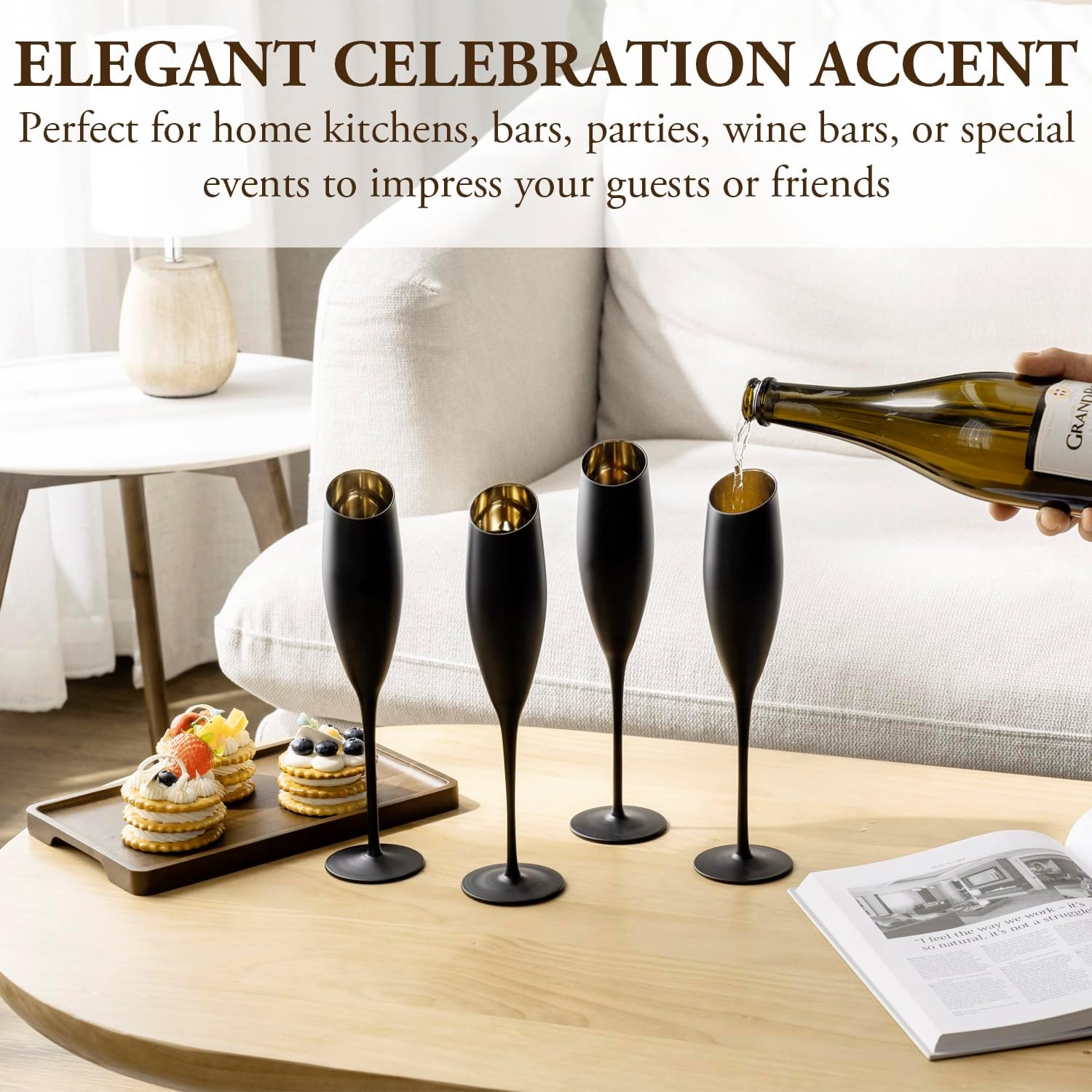 MyGift Matte Black and Gold Angled Rim Stemmed Glass Champagne Flutes, Sparkling Wine Toasting Glasses for Drinking Prosecco Cocktails Mimosa, Stemware Set of 4