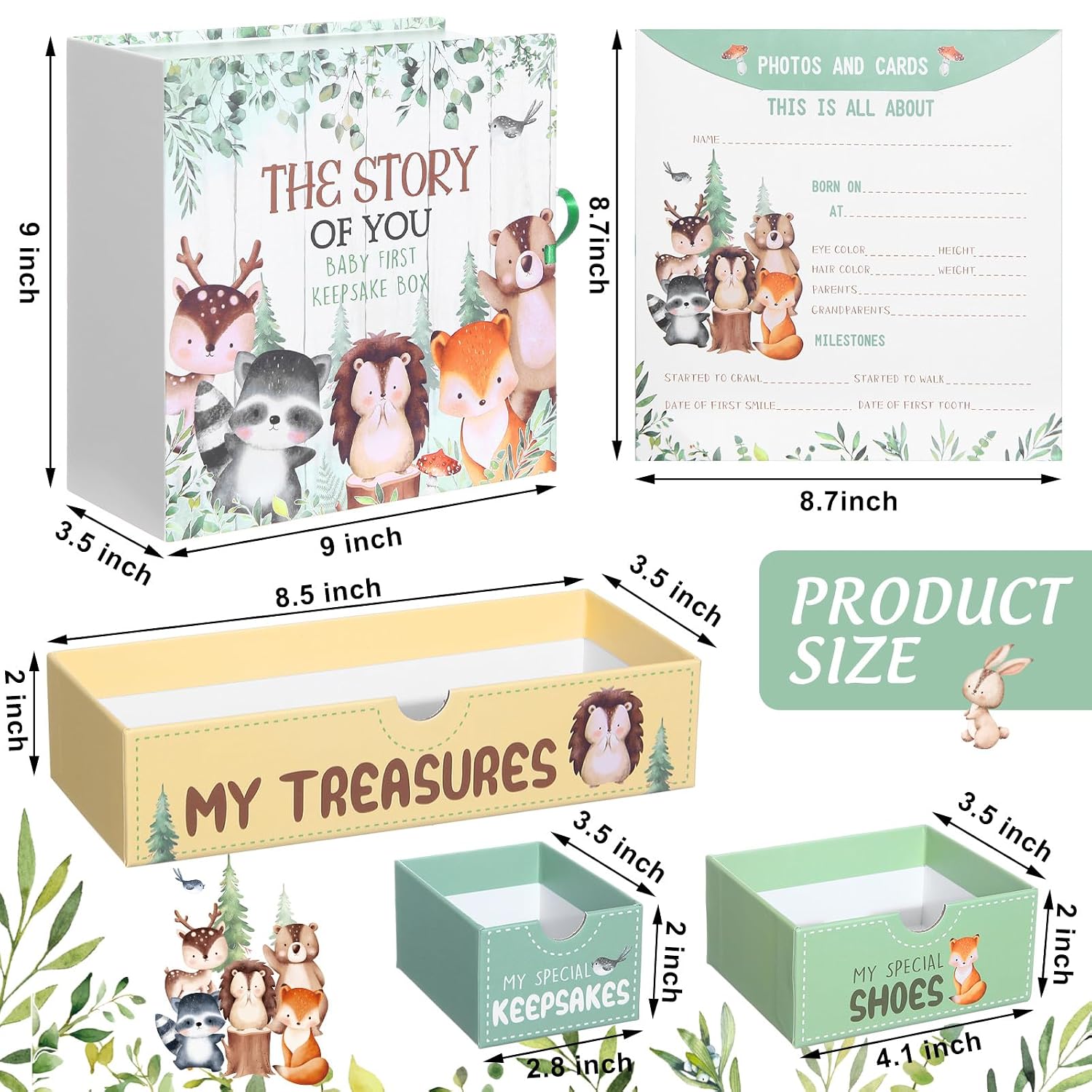 Beeveer Baby Keepsake Box Newborn Memory Organizer with 9 Labeled Compartments First Keepsake Book Gift Box for Pregnancy Mother”S Day Baby Shower New Maternity(Woodland)