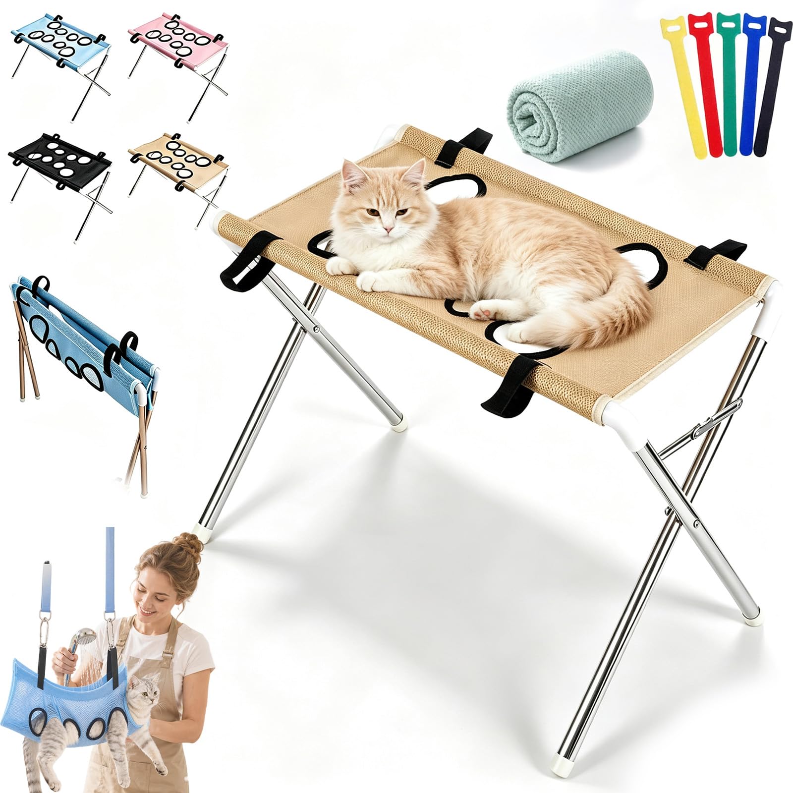 Gienslru Pet Grooming Stand with Removable Mesh Hammock for Cats & Small Dogs (Khaki)