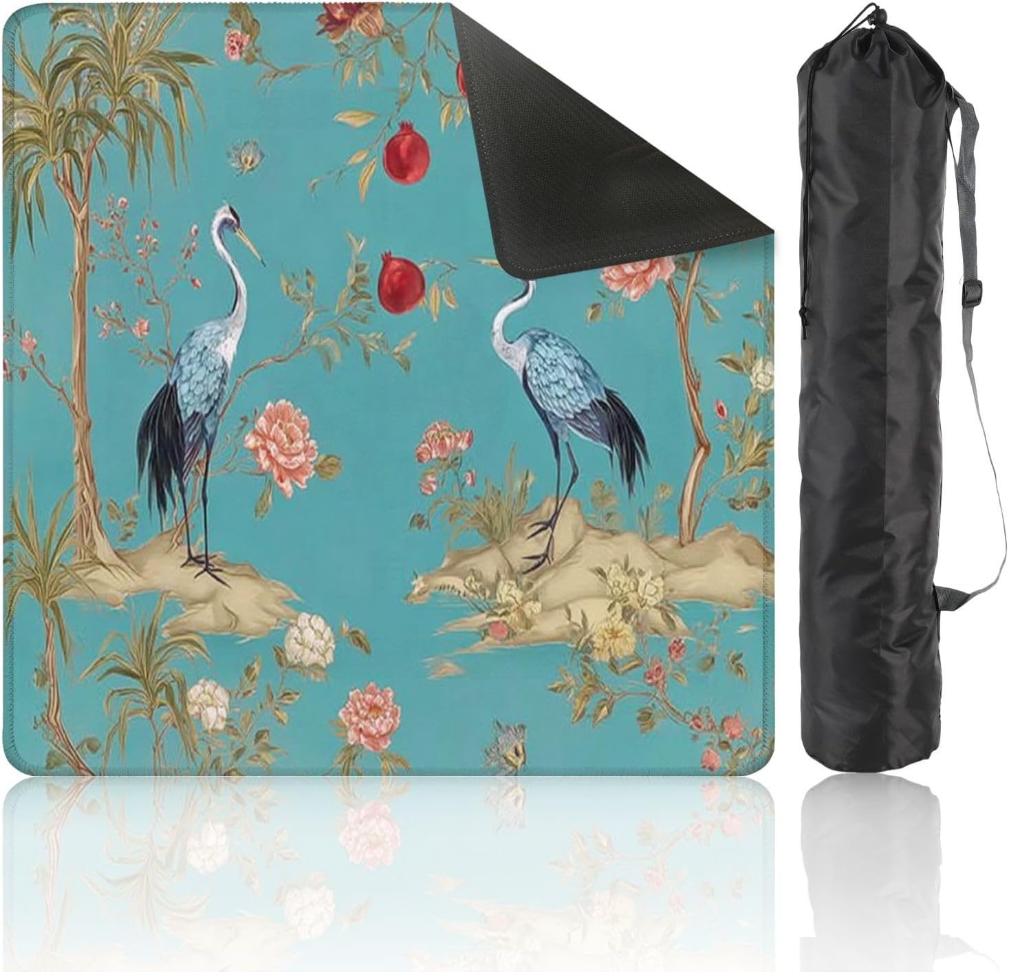 Mahjong Mat 31.5" x 31.5" Drawn Vintage Chinoiserie Floral Palm Tree Crane Bird Roses Non-Slip Noise Reduction Mahjong Tiles Table Cover for Dominoes Poker Card Board and Tile Games Gift