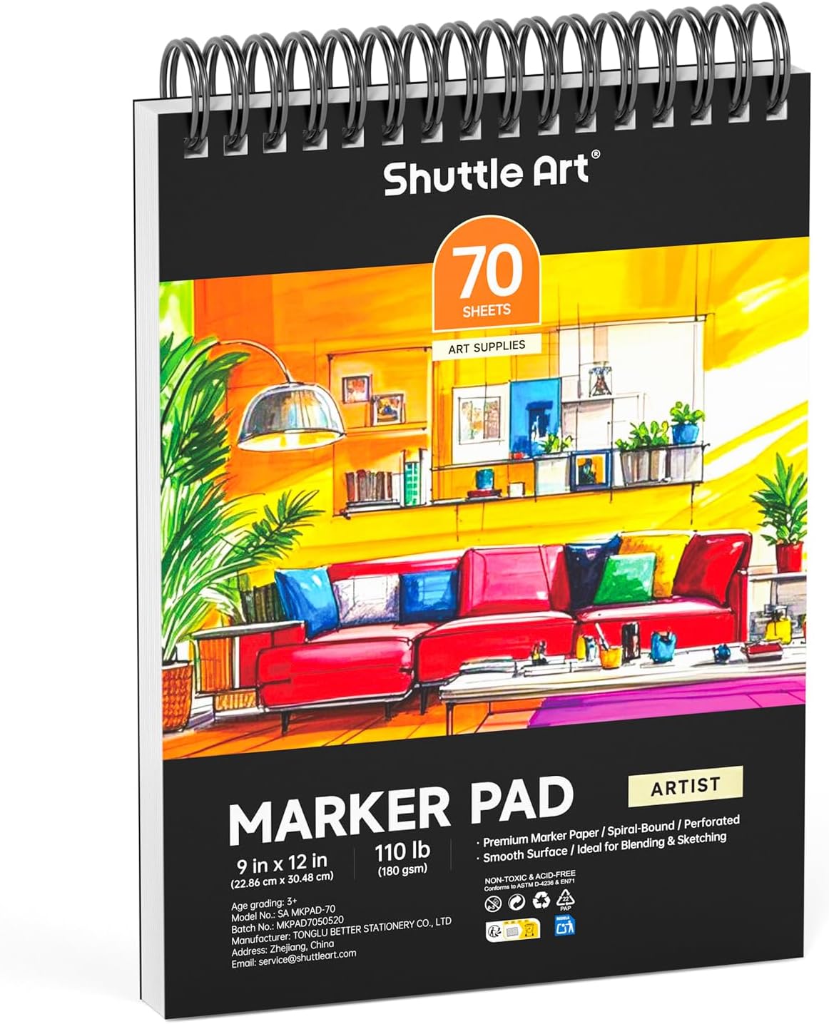 Shuttle Art Marker Pad, 12”x9” Portable Sketchbook, 70 Sheets