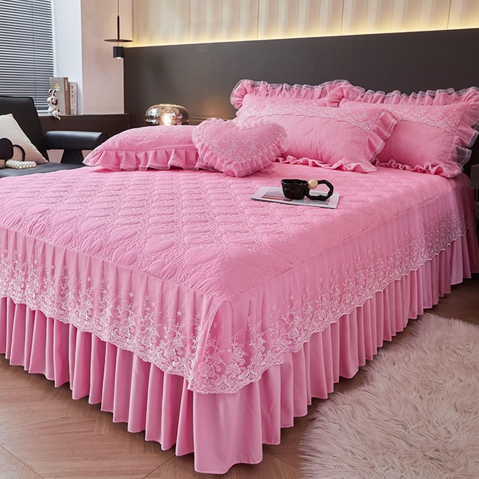 3-częściowy komplet pościeli California King Size z bawełny poliestrowej z gumką, jednolity kolor z haftowaną koronką, 198 x 214 cm + 2 poszewki na poduszki, różowe