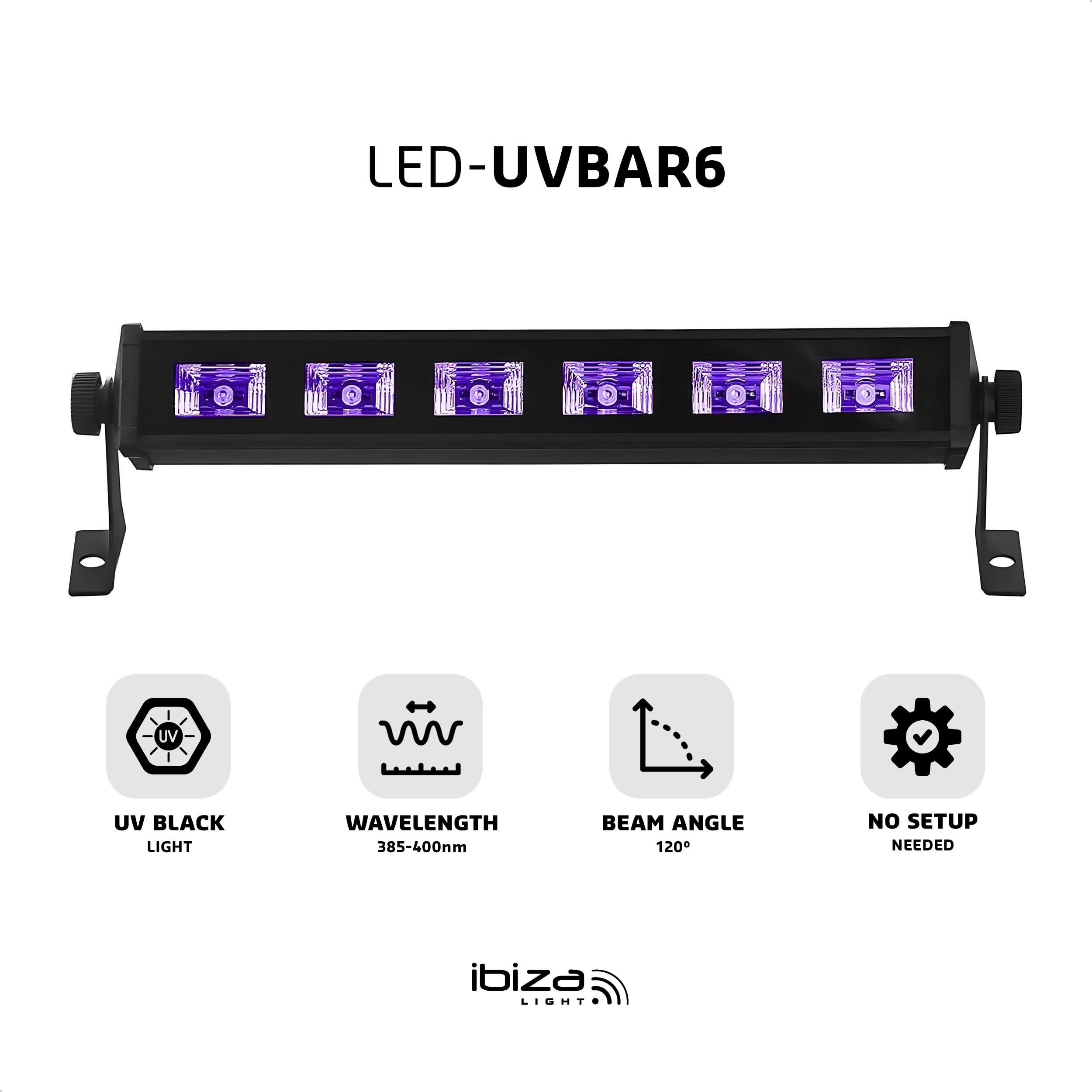 Ibiza - LED-UV-BAR6 - Lámpara UV, efecto fluorescente, efecto luz negra con 6 LEDs de 3W cada uno - Negro - Sobre soporte