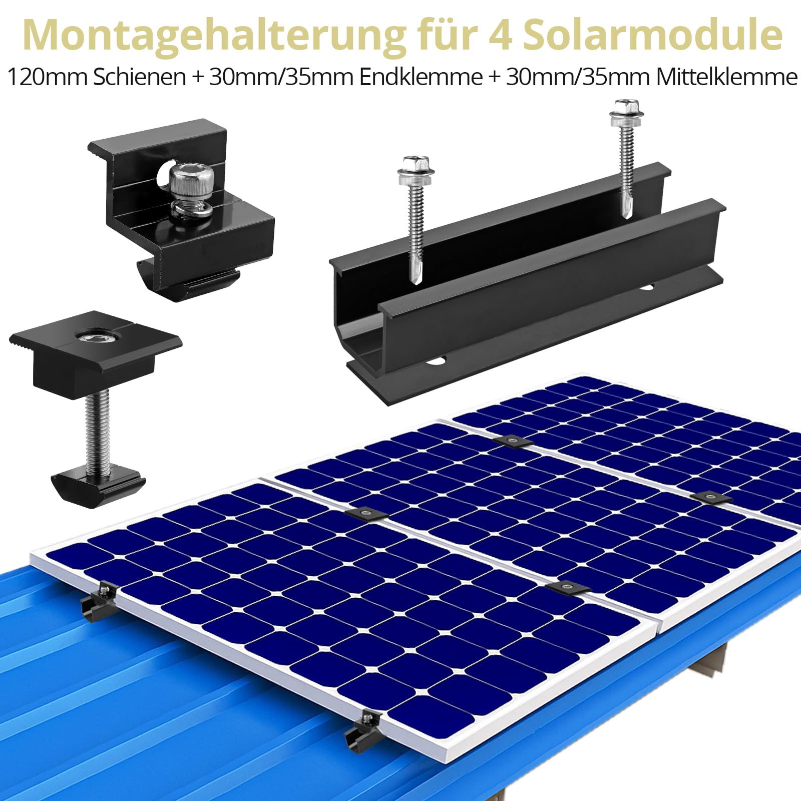 Anbte Solarmodul Halterung Kit, für 2pcs Solarmodul 30MM/35MM, Schwarz | 6pcs Kurzschiene 120MM aus Aluminium inkl. 4pcs Endklemme + 2pcs Mittelklemme + 1pcs Schraubenschlüssel, Solarpanel Montage