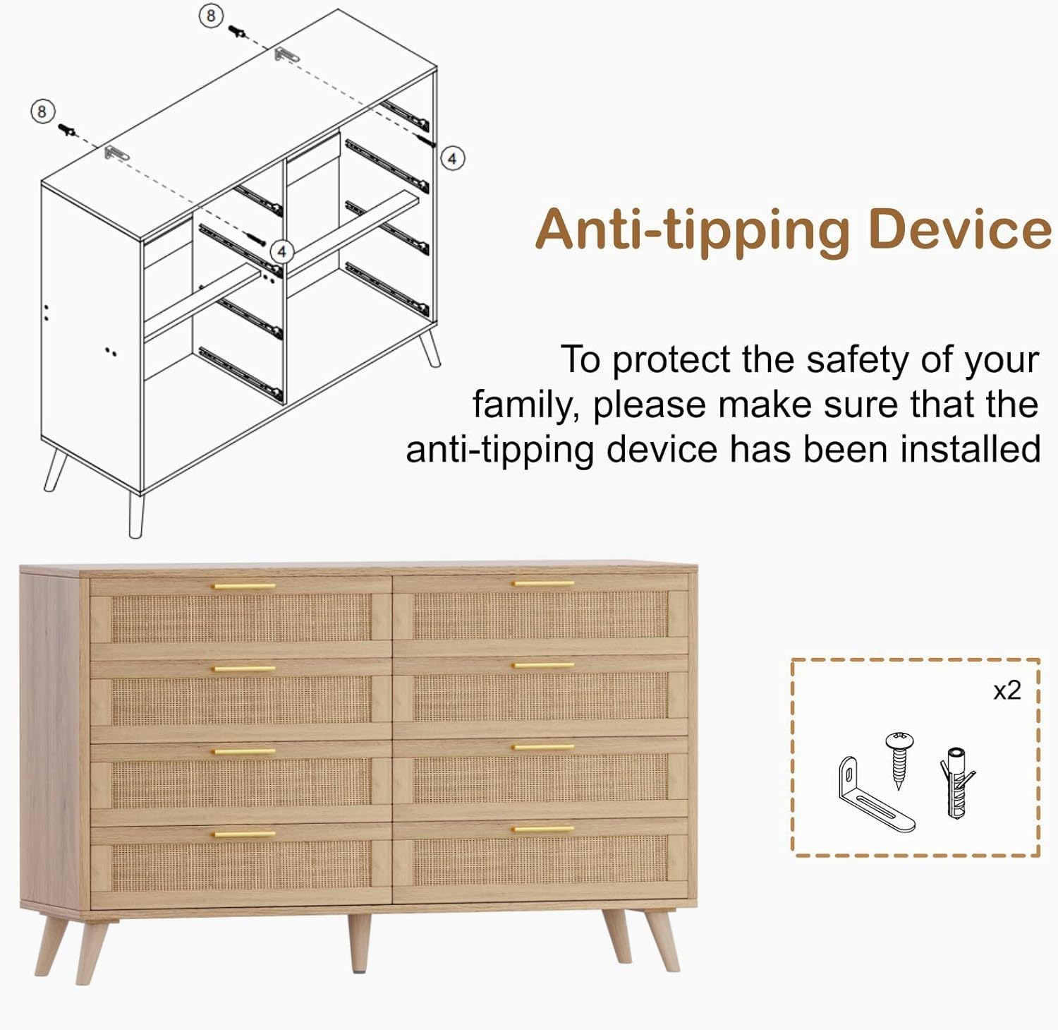 Diagram showing anti-tipping device installation and the dresser with the device