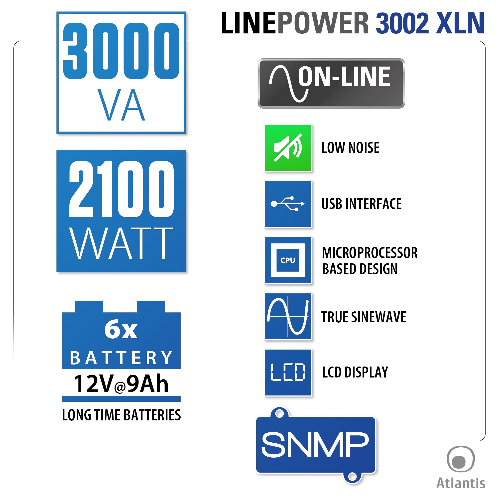 Atlantis A03-OP3002XLN UPS OnLine 75% Più Silenzioso Gruppo di Continuità Server Doppia conversione Onda Sinusoidale Pura 3000VA 2100W, Ventole Low Noise Gelid 31,3 dbA,USB,4 IEC, slot, 6x12V-9Ah