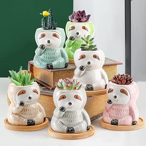 Miniatura 7 de Okllen Paquete de 6 macetas de perezoso con bandeja de bambú, maceta pequeña de cerámica para suculentas, macetas de animales, macetas de cactus,