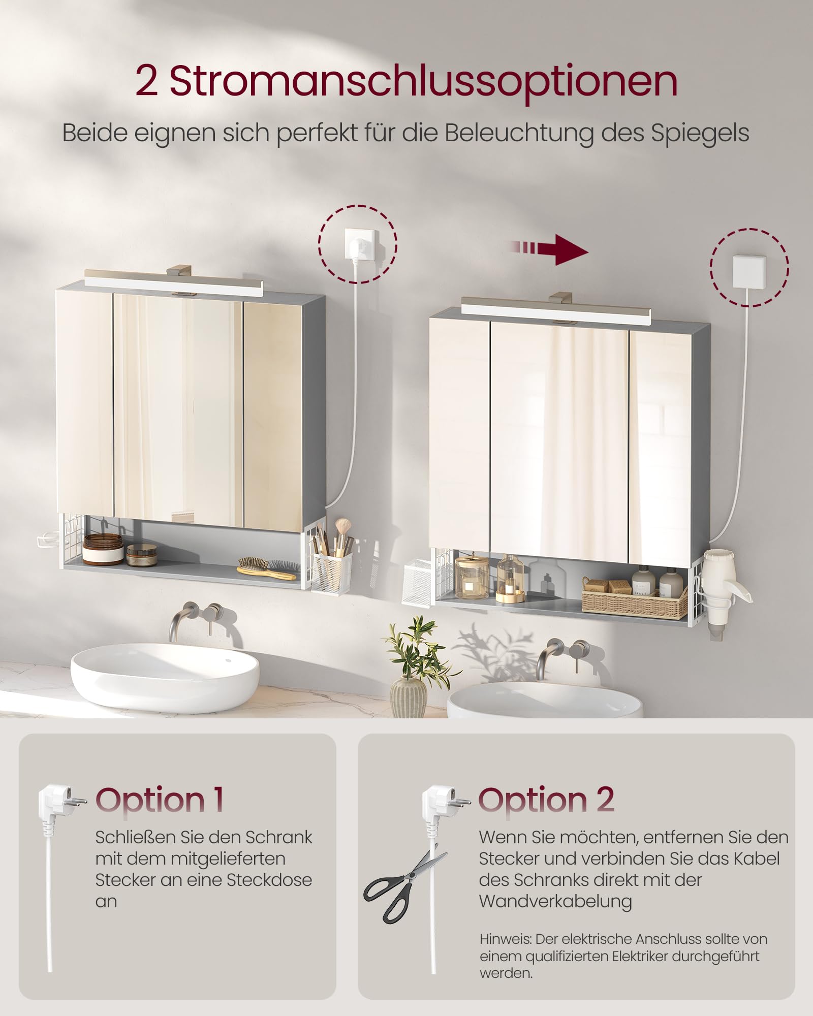 VASAGLE Spiegelschrank Bad mit Beleuchtung, Stecker, Hängekorb, Haartrockner-Halter, Badezimmerschrank, Badschrank, Wandschrank, 70 x 16,5 x 75 cm, 3 Spiegeltüren, wolkenweiß-Taubengrau BBK126G01