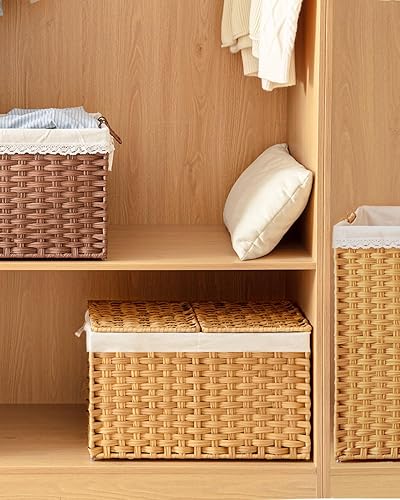 Miniatura 7 de Cesta de almacenamiento con tapa, cestas de almacenamiento tejidas de ratán con 2 tapas separadas, 17.2 galones (65 L), 22 x 13 x 13.8 pulgadas,