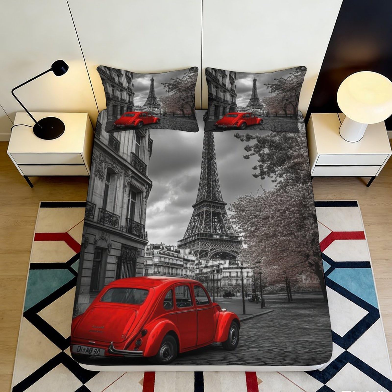 Uynsixtme Style-3 3D Printed Paris City Car Fitted Sheet Microfiber Deep Pocket Non-Slip Bedroom Decor Paris Mattress Fitted Cover Washable 90X200x25cm