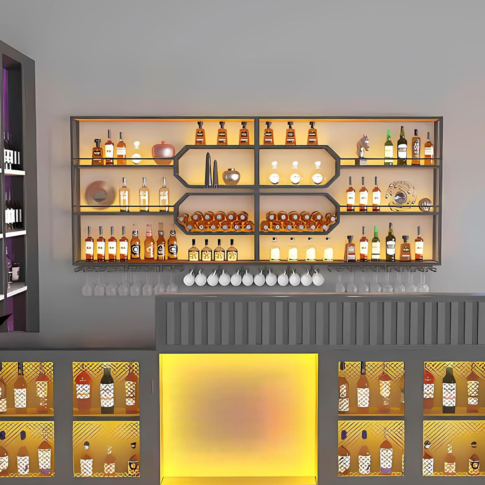 Portabottiglie industriale da parete a 4 ripiani, multifunzionale, in metallo, per casa e bar, soluzione salvaspazio dal design elegante (300 x 125 x 25 cm)