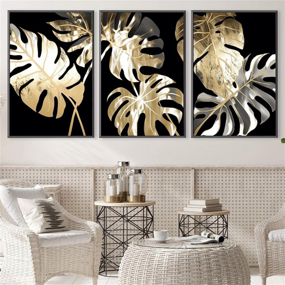 Wbyzac Golden Wall Pictures-Abstract Leaf Posters And Prints Canvas Painting Wall Art Pictures For Living Room Bedroom Kitchen Modern Decor Artwork-40 * 50Cm*3Pcs (No Frame)