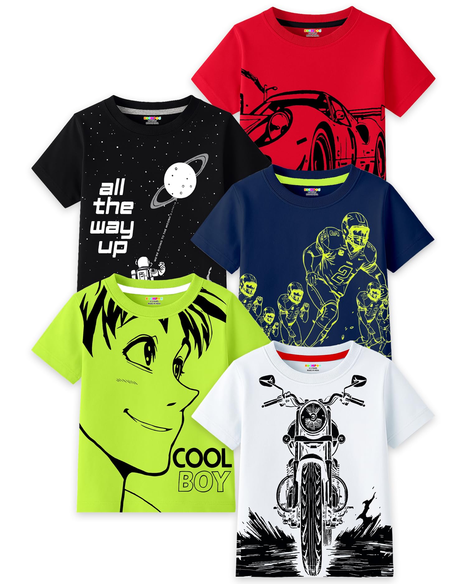 Kuchipoo Boys Cotton Printed T-Shirts | Half Sleeve Round Neck | Soft & Comfortable Casual Wear for Kids | Pack of 5
