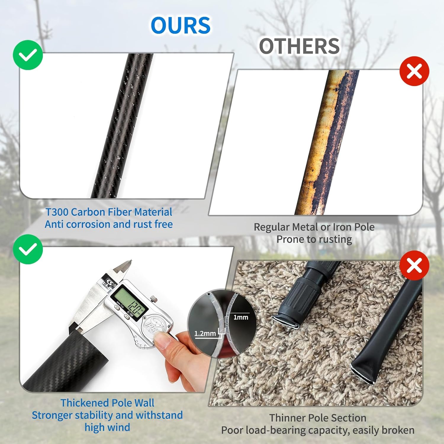 HIBLE Carbon Fiber Tarp Poles, 2 Sets of Black Camping Poles for Shelters, Tent, Canopy, Awning, Telescoping Tent Poles Extend Up to 8.2 Foot (Black, Tarp Poles Only)