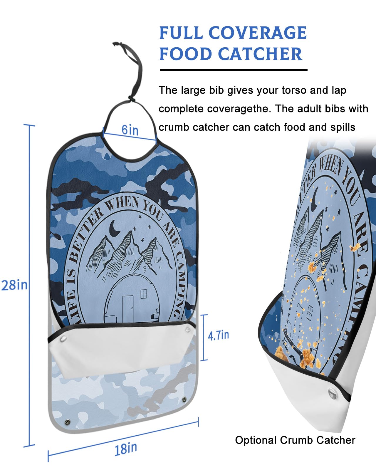 LEOKOTI Blue Camouflage RV Camping Truck Adult Bibs for Eating, Waterproof Bibs with Food Catcher & Adjustable Snap Closure, Retro Travel Washable Clothing Protectors Adult Bibs for Elderly Women/Men