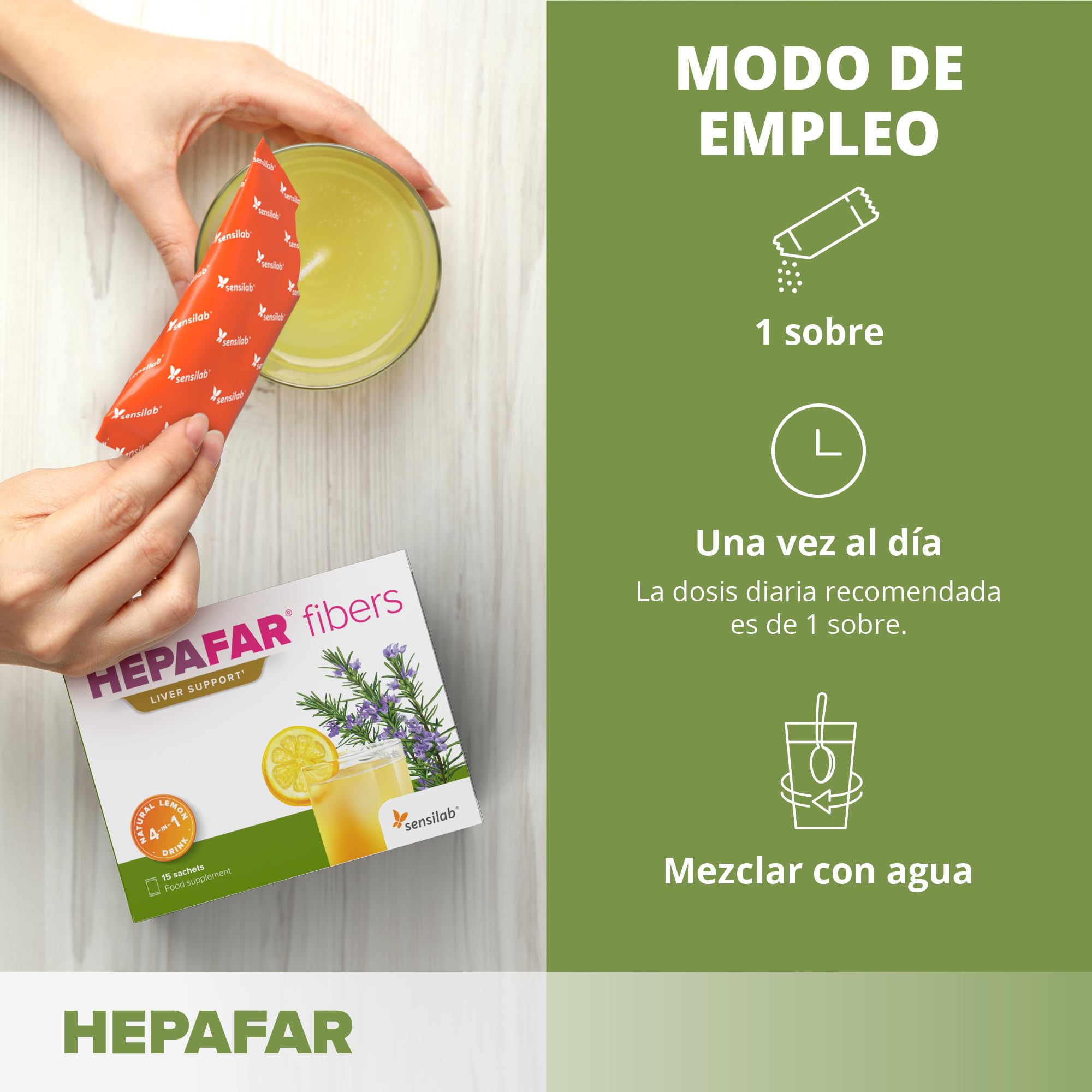Sensilab Hepafar Fibers - Detox y Digestión - Zumo de Limón, Fibra Soluble, Achicoria, Romero - Bebida Refrescante Natural Alta en Fibra - Complejo Hepático - 30 Sobres para 30 Días