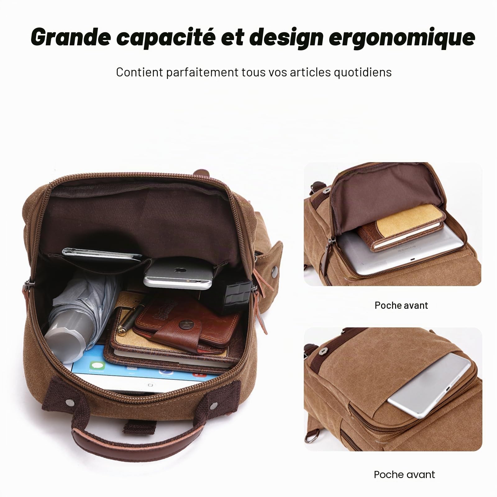 FANDARE Retro Sac de Poitrine Homme Petit Sac À Dos Femme Sling Bag Toile Sac d'Epaule Sacoche Sac Bandoulière pour Affaires Université École Cyclisme Camping Voyage Cartable Noir A