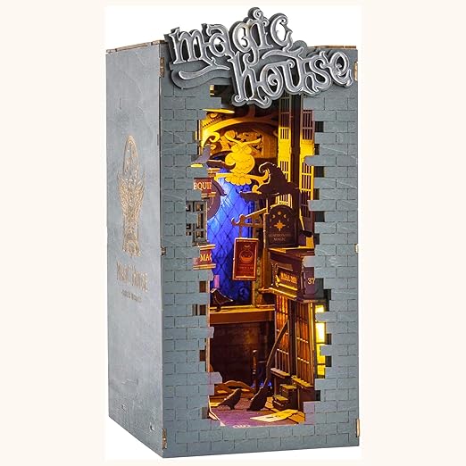 ROBOTIME DIY Book Nook Kit Decorative Booknook Bookshelf Insert Bookcase Book Stand 3D Wooden Puzzle DIY Miniature House Kit with LED Light Model Kit for Adults (Magic House)