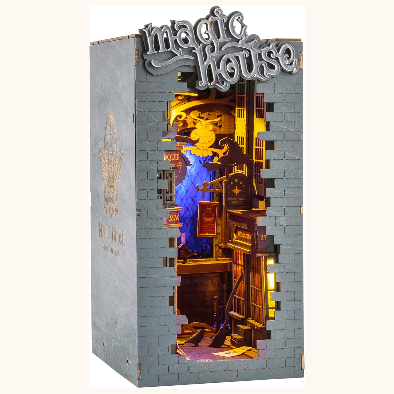 ROBOTIME DIY Book Nook Kit Decorative Booknook Bookshelf Insert Bookcase Book Stand 3D Wooden Puzzle DIY Miniature House Kit with LED Light Model Kit for Adults (Magic House)